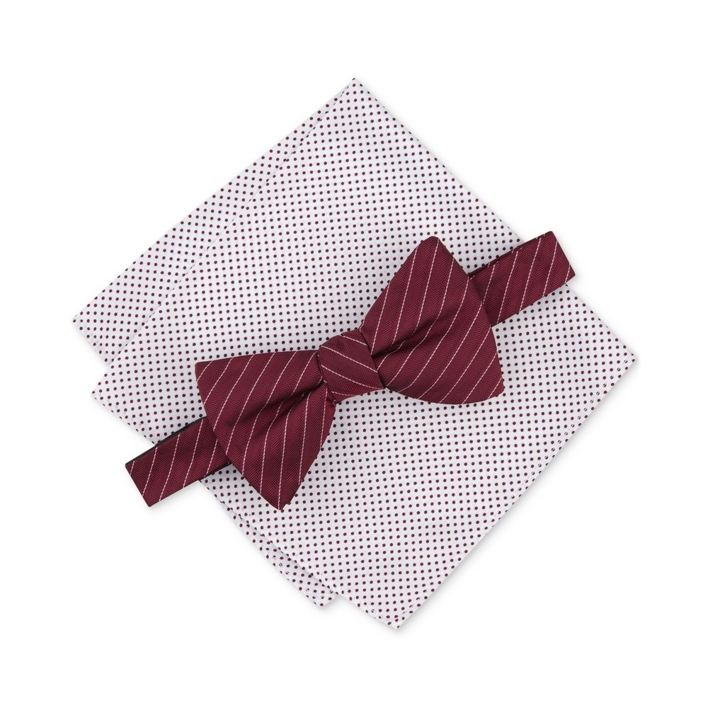 Alfani Bow‎ Tie and Pocket Square Set Mens Burgundy Red Striped NWT